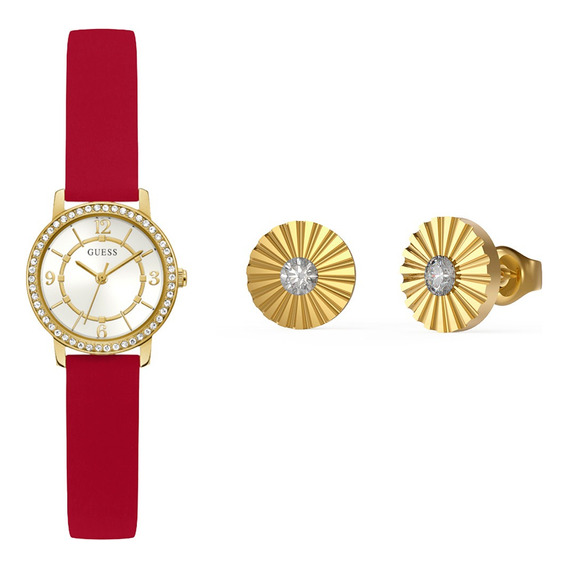 Reloj Para Mujer Marca Guess Color Blanco Embleme Correa Rojo Bisel Dorado Fondo Dorado