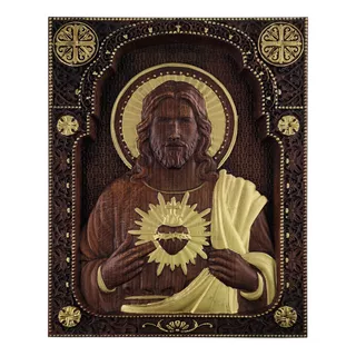 Cuadro Sagrado Corazón De Jesús Madera Encino Artesanal