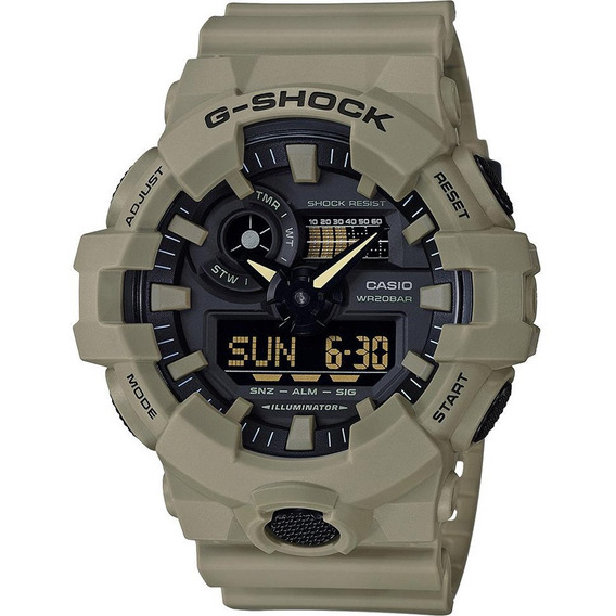 Reloj de pulsera Casio G-Shock GA-700UC de cuerpo color beige, analógico-digital, para hombre, fondo negro, con correa de resina color beige, agujas color amarillo, dial beige, subesferas color negro,