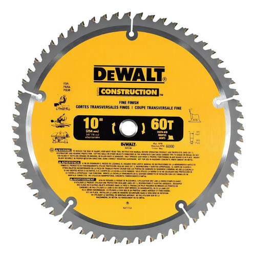 Disco Sierra 10' 60 Dientes Corte Fino Dewalt Dw3106 Color Plateado