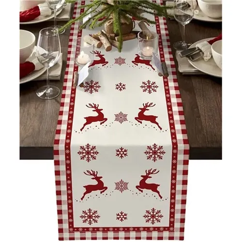 Camino De Mesa Navideño - Diseño Muñeco De Nieve Y Copos - 181x32 Cm - Algodón Y Lino - Rojo