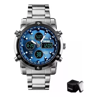 Reloj De Pulsera Skmei 1389 De Cuerpo Color Plateado, Analógico-digital, Para Hombre, Fondo Azul, Con Correa De Acero Inoxidable Color Plateado, Agujas Color Blanco Y Gris, Dial Azul Y Blanco, Subesfe