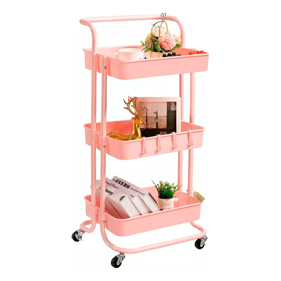 Carrito Auxiliar Organizador Metalic De 3 Niveles Con Ruedas Color rosado