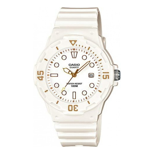 Reloj pulsera Casio Youth LRW-200 de cuerpo color blanco, analógico, para mujer, fondo blanco, con correa de resina color blanco, agujas color dorado y blanco, dial blanco y dorado, minutero/segundero dorado, bisel color blanco y hebilla simple