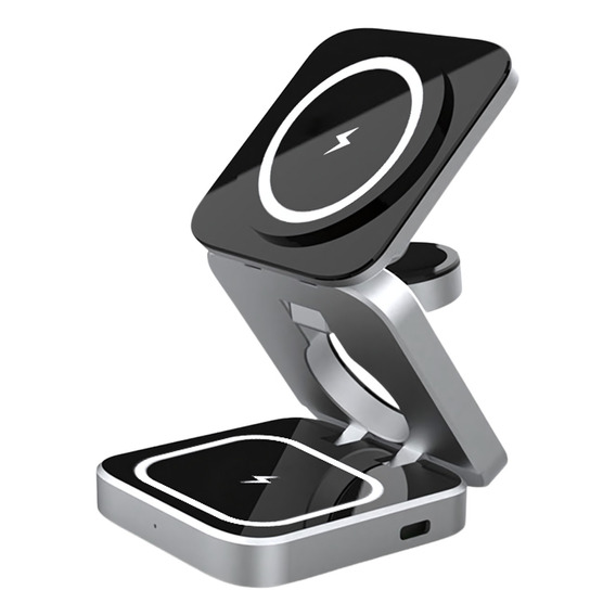 Mr. Gadgets Cargador Inalámbrico 3 En 1 Plegable Magnético Soporte Estacion De Carga Rapida 15w Qi Para iPhone, AirPods, Apple Watch, Color Negro