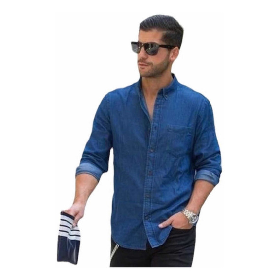 Camisa Jeans Hombre Azul Doble Bolsillo 100% Algodón