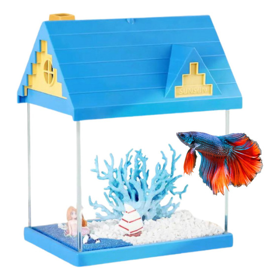 SUNSUN - Pecera Para Niños En Forma de Casa Mini Acuario de Vidrio Equipado 7.5 Lts Color Azul