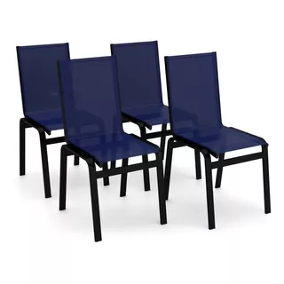 Kit 4 Cadeiras Jantar Gourmet Alumínio Preto Tela Azul
