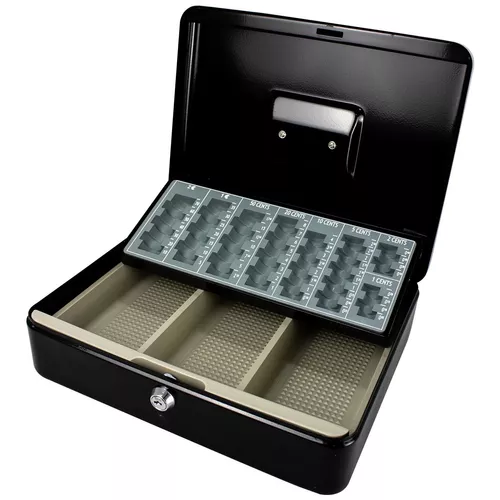 Caja de caudales metálica nº 3 con cerradura de llave, asa y bandeja con  compartimentos para dinero, monedas y billetes, 9 x 20
