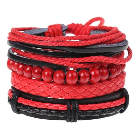 Conjunto Pulsera Brazalete Cuero Rojo Trenzado 4 En 1