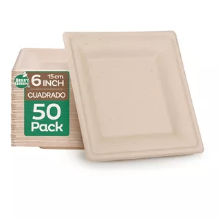 50 Platos Cuadrados Desechables Chicos 100% Compostables Resistente A Los Líquidos, Ecológico, Hecho De Fibras De Caña De Azúcar De 16 X 16 Cm (6 Pulgadas)