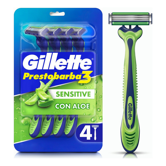 Máquina De Afeitar Gillette Prestobarba3 Sensitive, Desechable De 3 Hojas Con Banda Lubricante Con Aloe Para Piel Sensible, Cabezal Movil, 4 Unidades