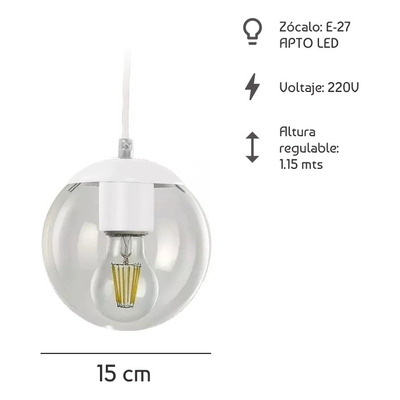 Colgante 1 Luz Globo 15cm Blanco Moderno Apto Led E-27