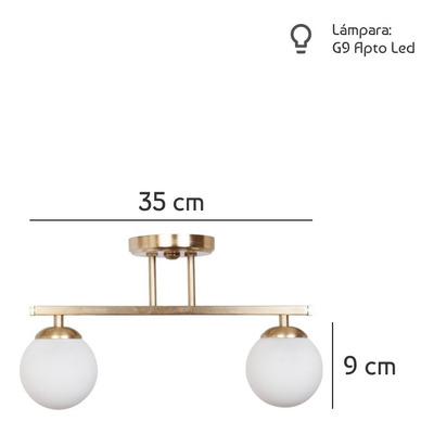 Plafon 2 Luces Barral Elyn Dorado Globo Opal Apto G9 Deco