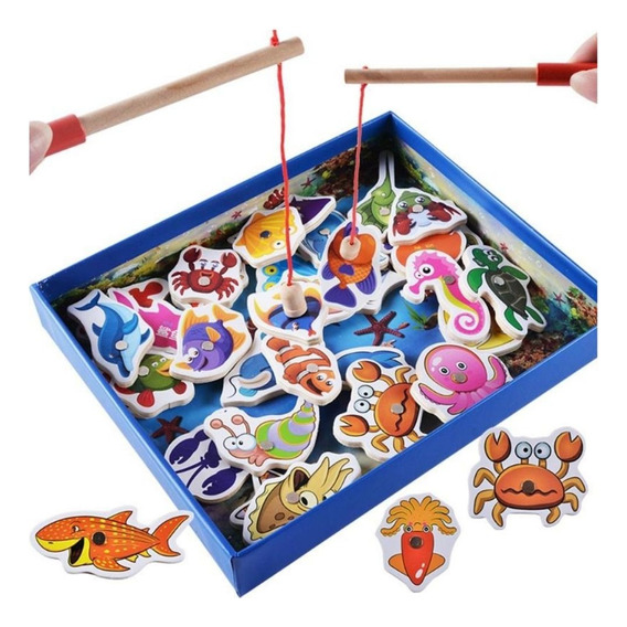 Juego De Pesca Madera Con Imán 32 Peces Infantil Didactico 