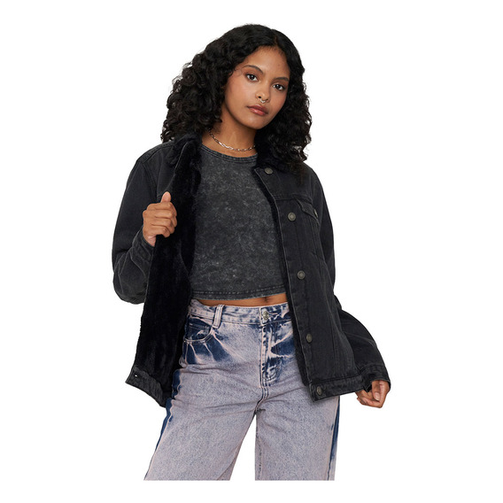 Chaqueta Mujer Denim Fur Negro Corona