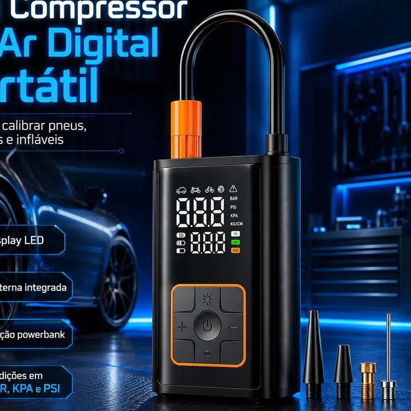Mini Compressor Digital Portátil Bomba De Encher Pneus Bola Inflável Para Carro Moto Bicicleta Com Calibrador De Ar Preto
