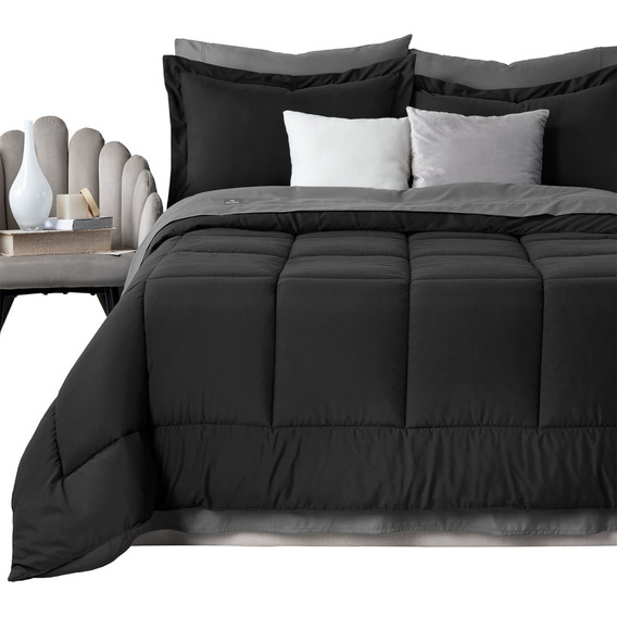 Set 7 Pz Edredón King Size Xl + Fundas+ Sábanas Real Textil Color Negro - Gris