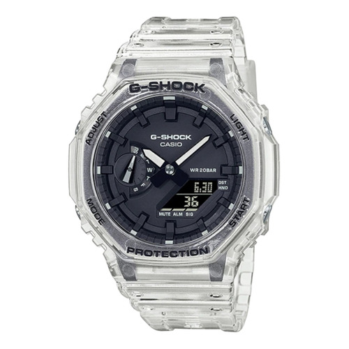 Reloj pulsera Casio G-Shock GA-2100 de cuerpo color gris, analógico-digital, para hombre, fondo negro, con correa de resina color gris, agujas color negro y blanco, dial gris y negro, subesferas color negro, minutero/segundero negro, bisel color gris, luz blanco y hebilla simple