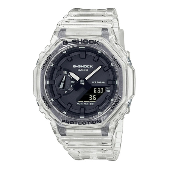 Reloj de pulsera Casio G-Shock GA-2100 de cuerpo color gris, analógico-digital, para hombre, fondo negro, con correa de resina color gris, agujas color negro y blanco, dial gris y negro, subesferas co