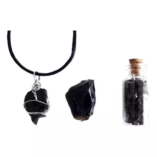 Obsidiana Kit Protección. Collar + Piedra + Mini Botella.