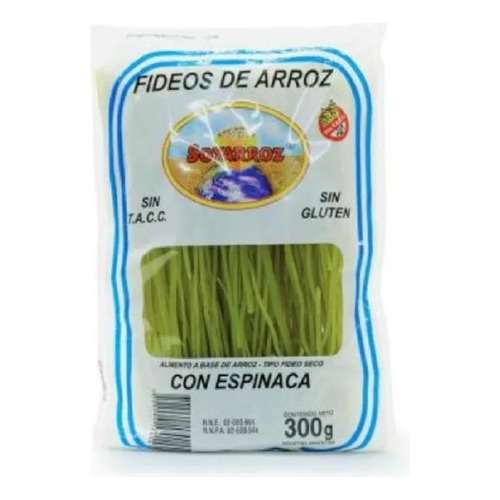 Fideos De Arroz Con Espinaca - Soy Arroz - 300 Grs. Sin Tacc