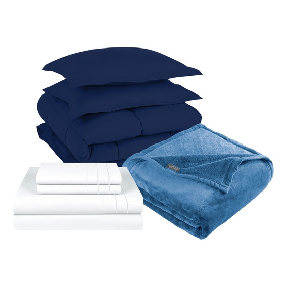 Pack Cobertor Azul+sabana+frazada Azul King 3 Piezas 3angeli