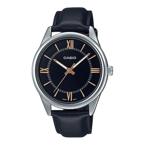Reloj Casio Caballero Mtp V005l Cuero Negro Numeros Romanos Color de la correa Plateado