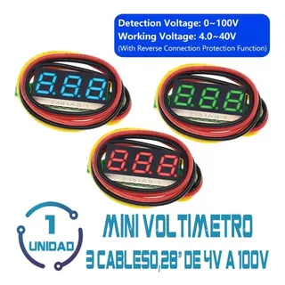 1 Unid Mini Voltimetro Digital De 4v - 100v 3 Cables 