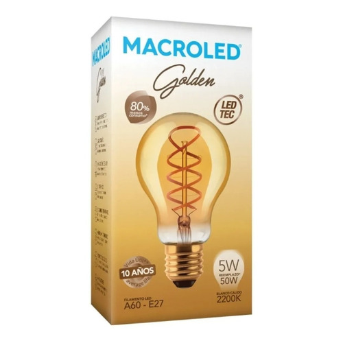 Lampara Bulbo Led Golden Filamento 5w Calido Macroled Color de la luz Blanco cálido