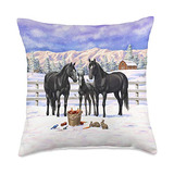 Caballos Negros Nieve, Cojín Decorativo De Escena De G...