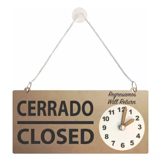 Letrero Abierto Cerrado Open Closed Reloj Mdf Bilingüe