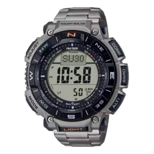 Reloj de pulsera Casio Pro Trek PRG-340 de cuerpo color gris, digital, fondo gris, con correa de titanio color gris, dial negro, minutero/segundero negro, bisel color negro y desplegable