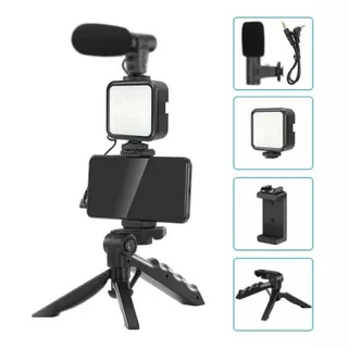 Kit Video Streaming Microfono Para Celular Tripode Luz Led Color Negro