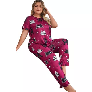 Conjunto Pijama Pantalón Tinto Gatos, Tallas Extras 3xl 4xl