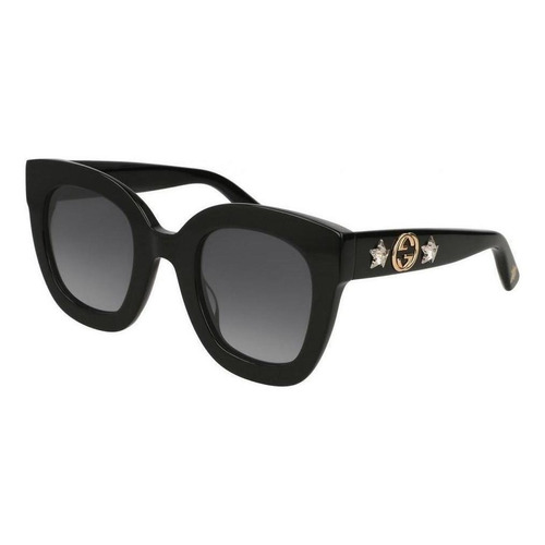 Anteojos de sol Gucci GG0208S con marco de acetato color negro, lente gris de nailon clásica, varilla negra de acetato