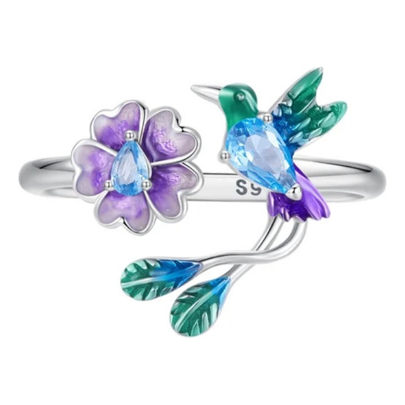 Anillo Ajustable Para Mujer Pájaro Colibrí Flor En Plata 925