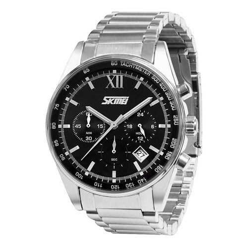 Reloj pulsera Skmei 9096 con correa de acero inoxidable color plateado - fondo negro - bisel negro/plateado