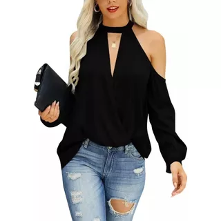 Sin Tirantes Cuello Negro Mujer Manga Larga Blusa Casual