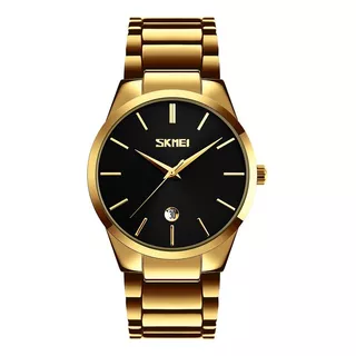 Reloj Hombre Skmei 9140 Calendario Elegante Movimiento Seiko Malla Dorado/negro