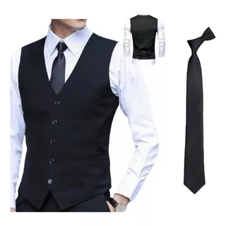 Conjunto Chaleco De Vestir Y Corbata Negro Liso Para Hombre