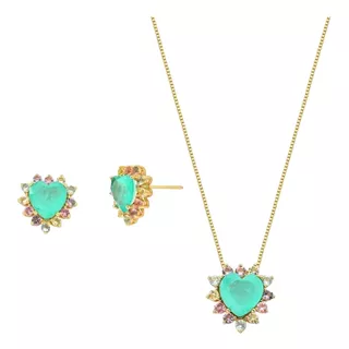 Set Aros Y Collar Oro 18k Corazón Turmalina 