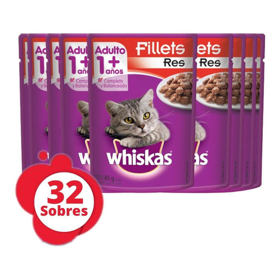 Whiskas Alimento Húmedo Para Gato Sabor Carne 85g X 32 Sobre