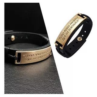 Pulseira Masculina De Couro Tudo Posso Dourado Gospel