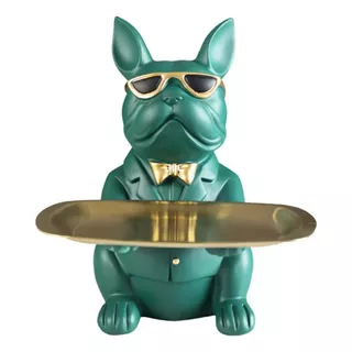 Figura Decorativa Perro Bulldog Mayordomo Lentes Bandeja