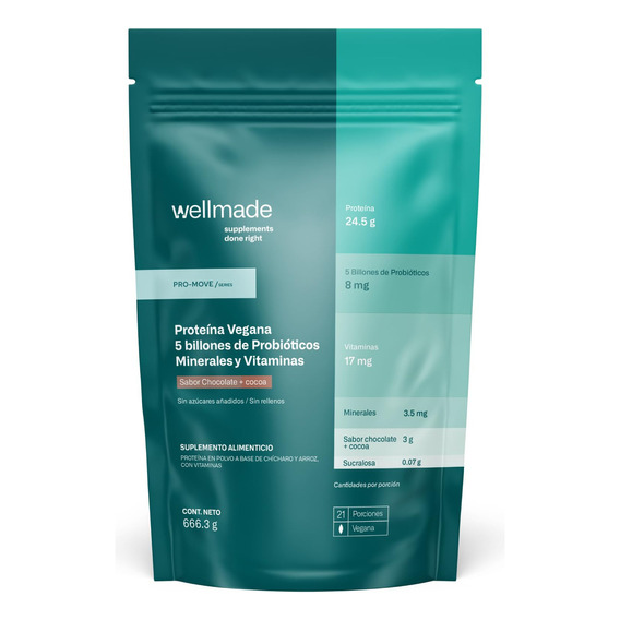 Suplemento Polvo Wellmade Pro-move Proteina Vegan, 5 Billones De Probioticos Con 2 Cepas En Polvo, 24.5 G Proteina Por Porción, 21 Porciones, 666.3 G, Sabor Chocolate Y Cocoa