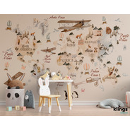 Vinilos Decorativos Mural Infantil Mapa Animales Beige Avion