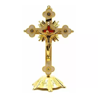 Crucifixo Em Metal Dourado Para Parede E Mesa Resinado