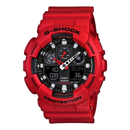 Reloj de pulsera Casio G-Shock GA100 de cuerpo color rojo, analógico-digital, para hombre, fondo negro, con correa de resina color rojo, agujas color blanco y rojo, dial blanco, subesferas color negro y gris, minutero/segundero blanco, bisel color rojo y negro y hebilla doble