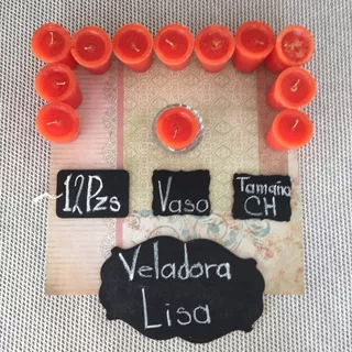 Veladora Docenera - Color Naranja I Pqt 12 Pzs + 1 Vaso